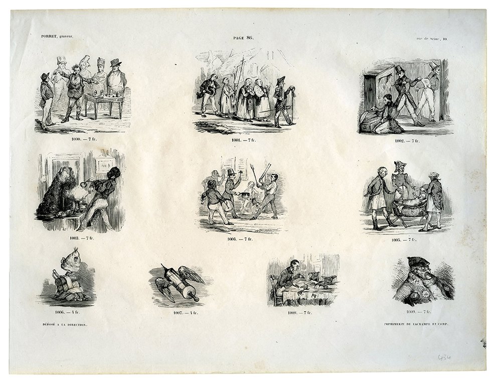 Wood engraving depicting Cups and Balls conjuror: [Cups and Balls] Porret, H[enri]. Wood engraving depicting Cups and Balls conjuror. [Paris]: Lacrampe, ca. 1840. Ten vignette illustrations on a single sheet, including a street conjuror in the upper 