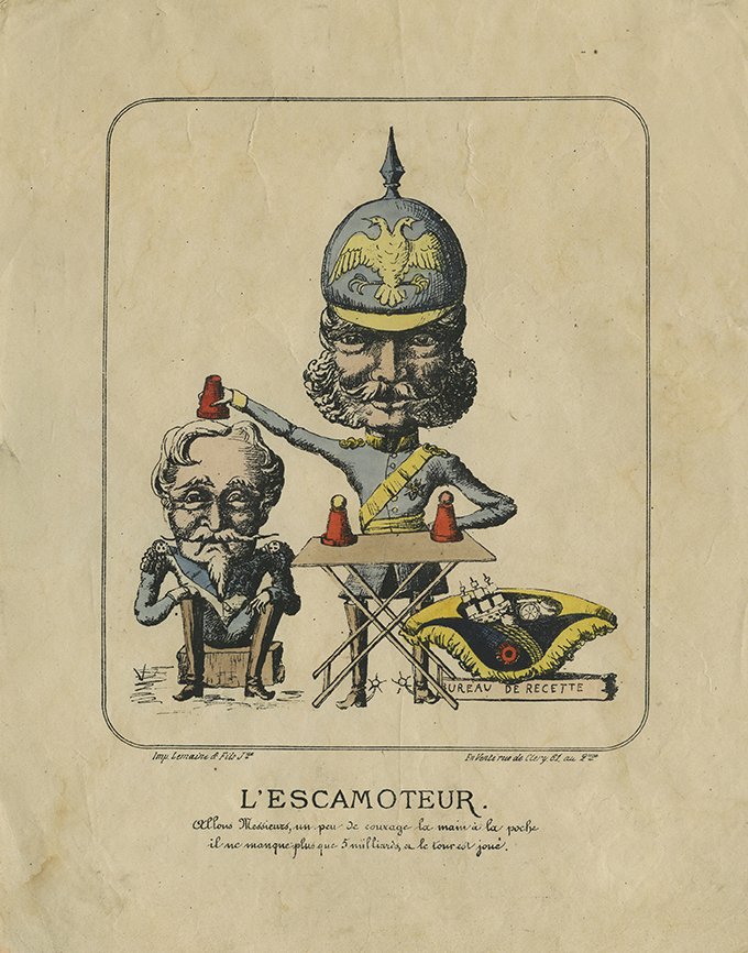 [Cups and Balls] French political cartoon, ca. 1870.: [Cups and Balls] French political cartoon depicting Cups and Balls. [Paris]: Lemaine & Fils, ca. 1870. Bismark holds a cup over the head of MacMahon. 9 ¾ x 12 ¾”. Hand-colored. Matted. Good.