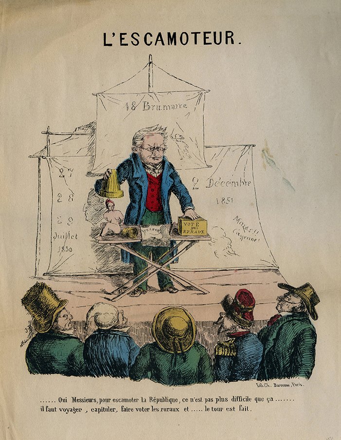 [Cups and Balls] B, J. L’Escamoteur. Paris, ca. 1850.: [Cups and Balls] B, J. L’Escamoteur. Paris: Ch. Barousse, ca. 1850. Hand-colored print of French policitian and historian Adolph Theirs performing Cups and Balls. 10 x 12 ¾”. Matted. One old fold