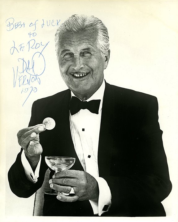 Photograph of Dai Vernon, inscribed and signed.: Vernon, Dai (David Frederick Wingfield Verner). Photograph of Dai Vernon, inscribed and signed. California, ca. 1978. Half-length portrait of The Professor. 8 x 10”. Inscribed, “Best of Luck to Le