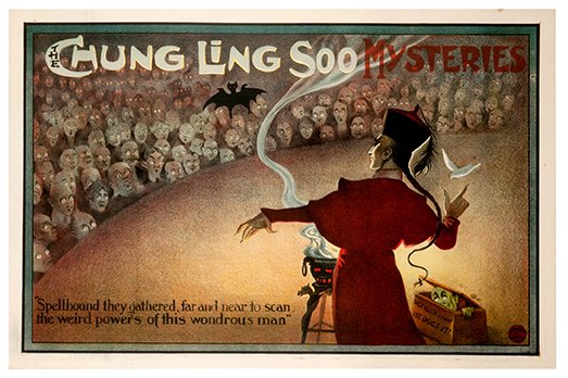 Chung Ling Soo "Spellbound" vintage stone lithograph: Chung Ling Soo (William Robinson). Chung Ling Soo. “Spellbound they gathered, far and near to scan, the weird powers of this wondrous man”. London: J. Weiner, ca. 1915. Horizontal half-sheet (30 x