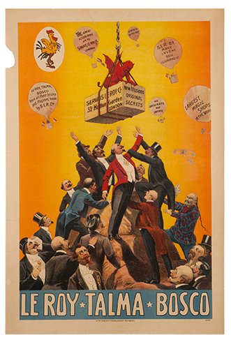 Le Roy Talma Bosco vintage stone litho magic poster: LeRoy, Servais (Jean Henri Servais LeRoy). Le Roy Talma Bosco. Servais Le Roy Co. 52 Hatton Garden London. New Illusions Original Secrets. Hamburg, Adolph Friedlander, 1912. Half-sheet (18 x 27 ¼”)
