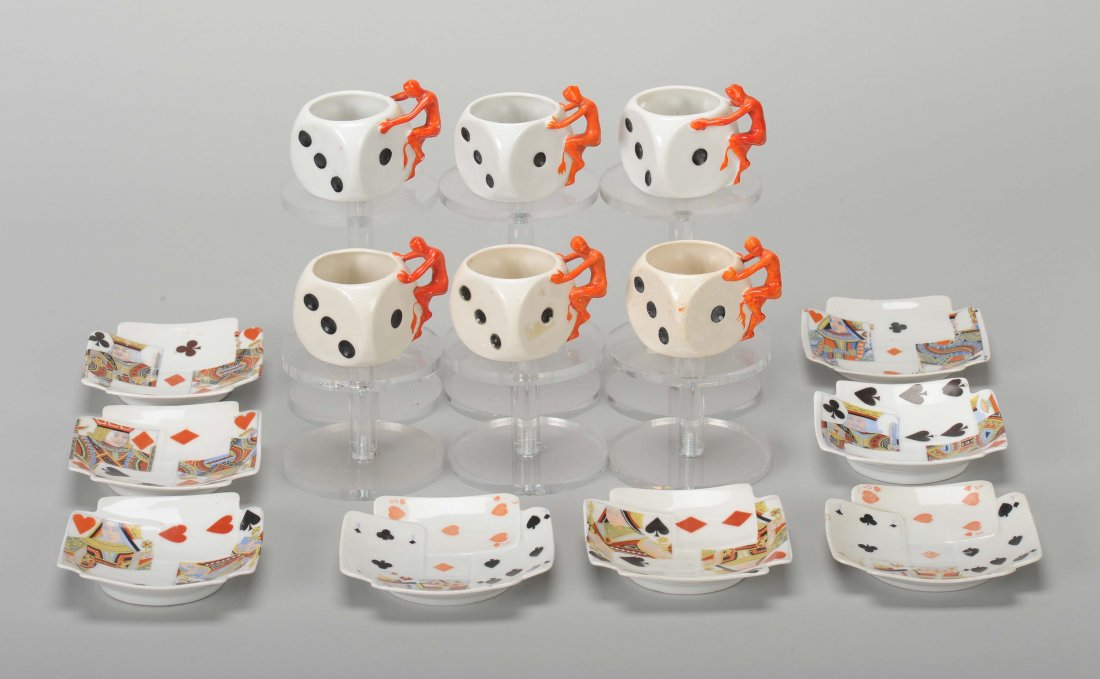 Six Devil & Dice Demitasse Cups and eight saucers,: Six Devil & Dice Demitasse Cups and eight saucers, Devil & Card, Royal Bayreuth. Bayreuth, Bavaria, ca. 1930. Four unmarked, two Green mark. 2 ¼”, Exc.