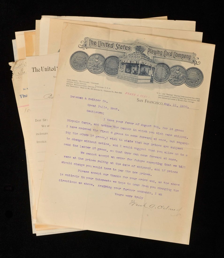 Group of United States Playing Card Co. Ephemera. 1898: Group of United States Playing Card Co. Ephemera. 1898 to 1945. Thirteen pieces, including letterheads, billheads and receipts. Correspondence addressed to Bateman & Switzer, Great Falls, Montana and