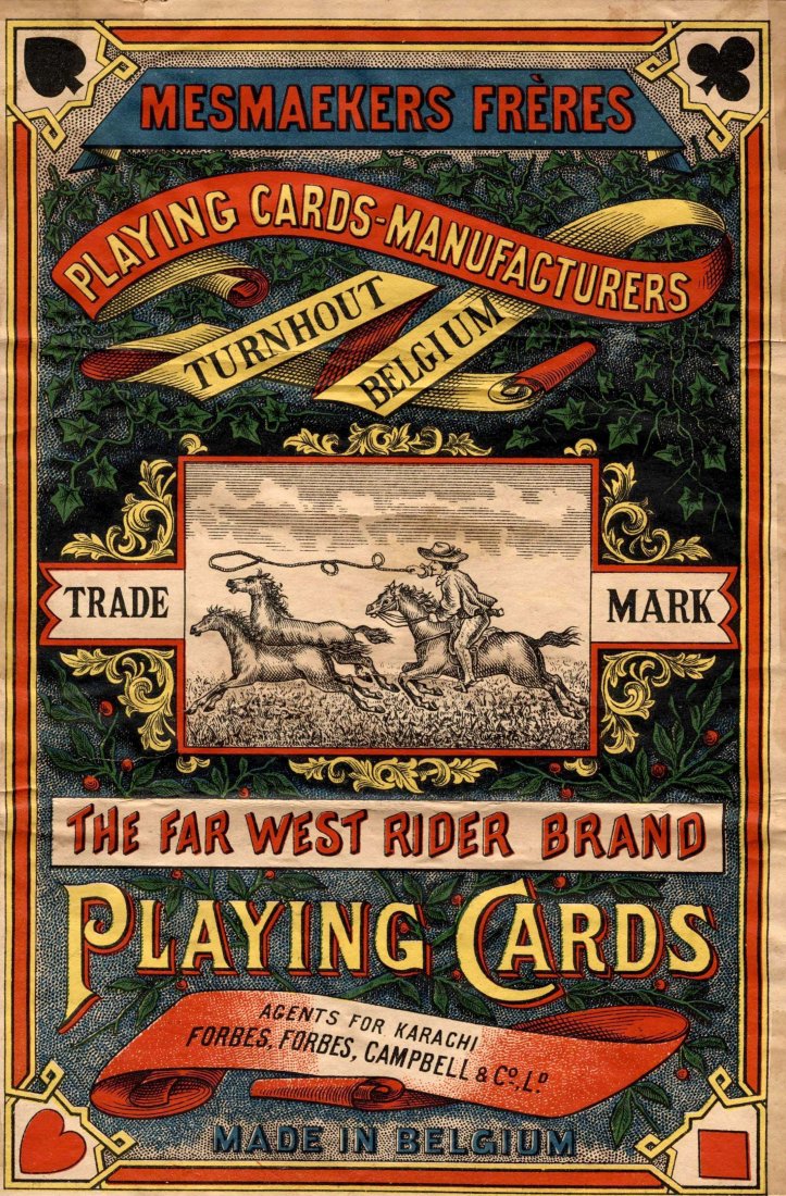 Mesmaekers Frères Playing Card Wrapper. Turnhout,: Mesmaekers Frères Playing Card Wrapper. Turnhout, Belgium, ca. 1900. 10 ½ x 7”, “The Far West Rider Brand.” Laid down.