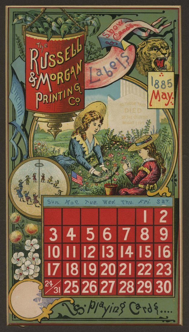 Russell & Morgan Calendar Page, U.S. Playing Cards.: Russell & Morgan Calendar Page, U.S. Playing Cards. Cincinnati, May, 1885. VG.
