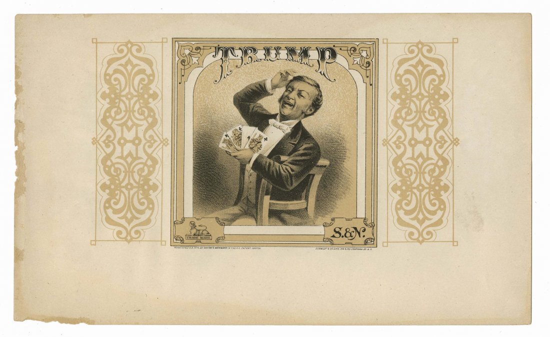 Two Playing Card-Themed Cigar Labels. Including “No: Two Playing Card-Themed Cigar Labels. Including “No Monkeying” label printed by Emil Steffens, Litho., New York, NY., and “Trump” label printed by Schmidt & Co., Litho., New York, NY. Ca. 1890