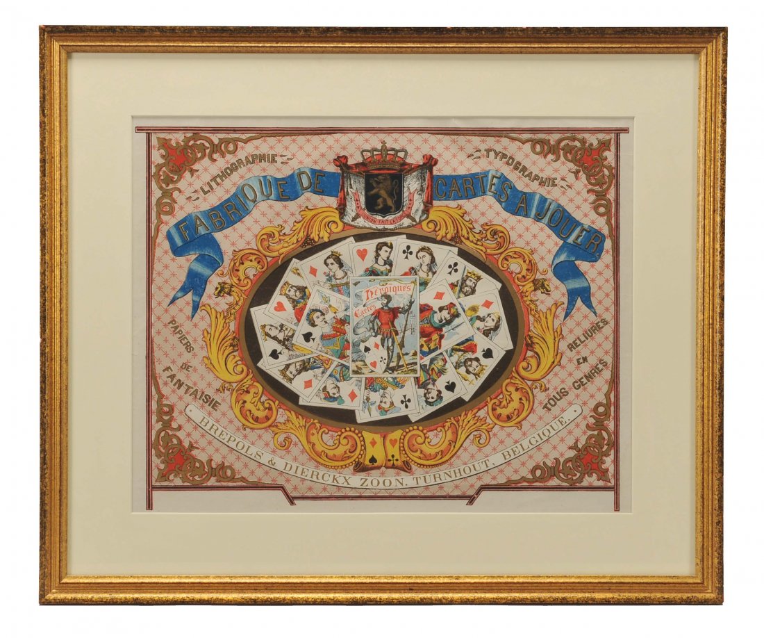 “Fabrique de Cartes a Jouer” playing card poster.: “Fabrique de Cartes a Jouer” playing card poster. Brepols & Dierckx Zoon, Turnhout, Belgique, ca. 1890. Framed to an overall size of 25 x 21”. Small marginal tears. Brepols was once one of the l