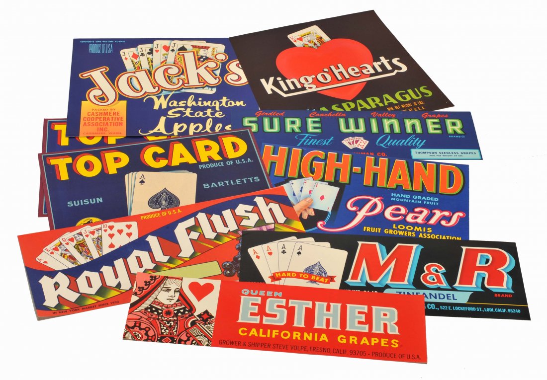 Produce labels illustrated with playing card graphics.: Produce labels illustrated with playing card graphics. Nine examples. Various sizes, lithographed in bright colors. Exc.