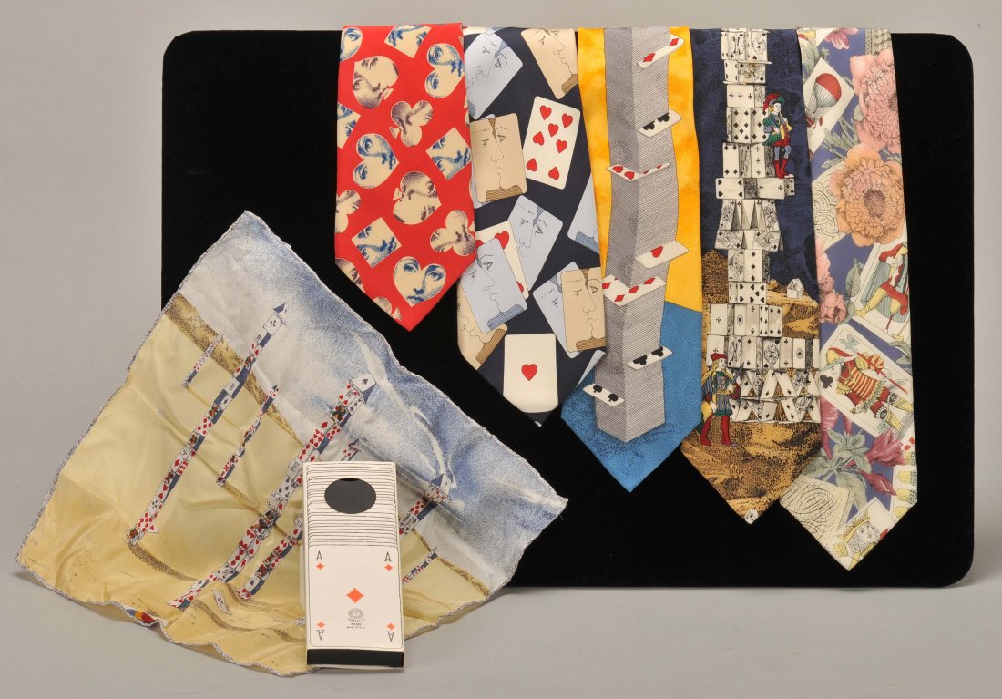Six playing card ties. Including one Piero Fornasetti: Six playing card ties. Including one Piero Fornasetti “Citta di Carte” (City of Cards) Silk Handkerchief. 12 x 12”, Exc. Still in original box & five Silk Neck Ties. Exc.