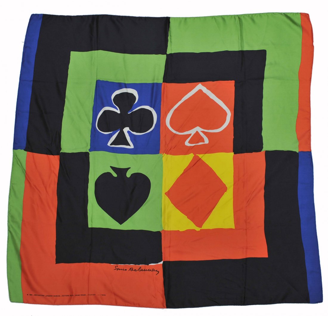 Sonia Delaunay Designed Silk Scarf. Suit symbol design.: Sonia Delaunay Designed Silk Scarf. Suit symbol design. 1991. Collection Jacques Damase – Editions Bleu, Jaune, Rouge. Limited edition 137/1000. Delaunay was a gifted artist and designed a much soug