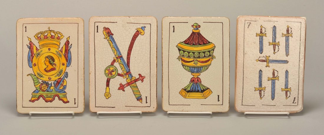 Four Spanish Playing Card tiles with hand painted: Four Spanish Playing Card tiles with hand painted images. Mensaque Rodriquez y Cia, Sevilla & Triana, ca. 1950. 7 ¾ x 5 ½”. Slight edge chipping but images bright and unaffected.