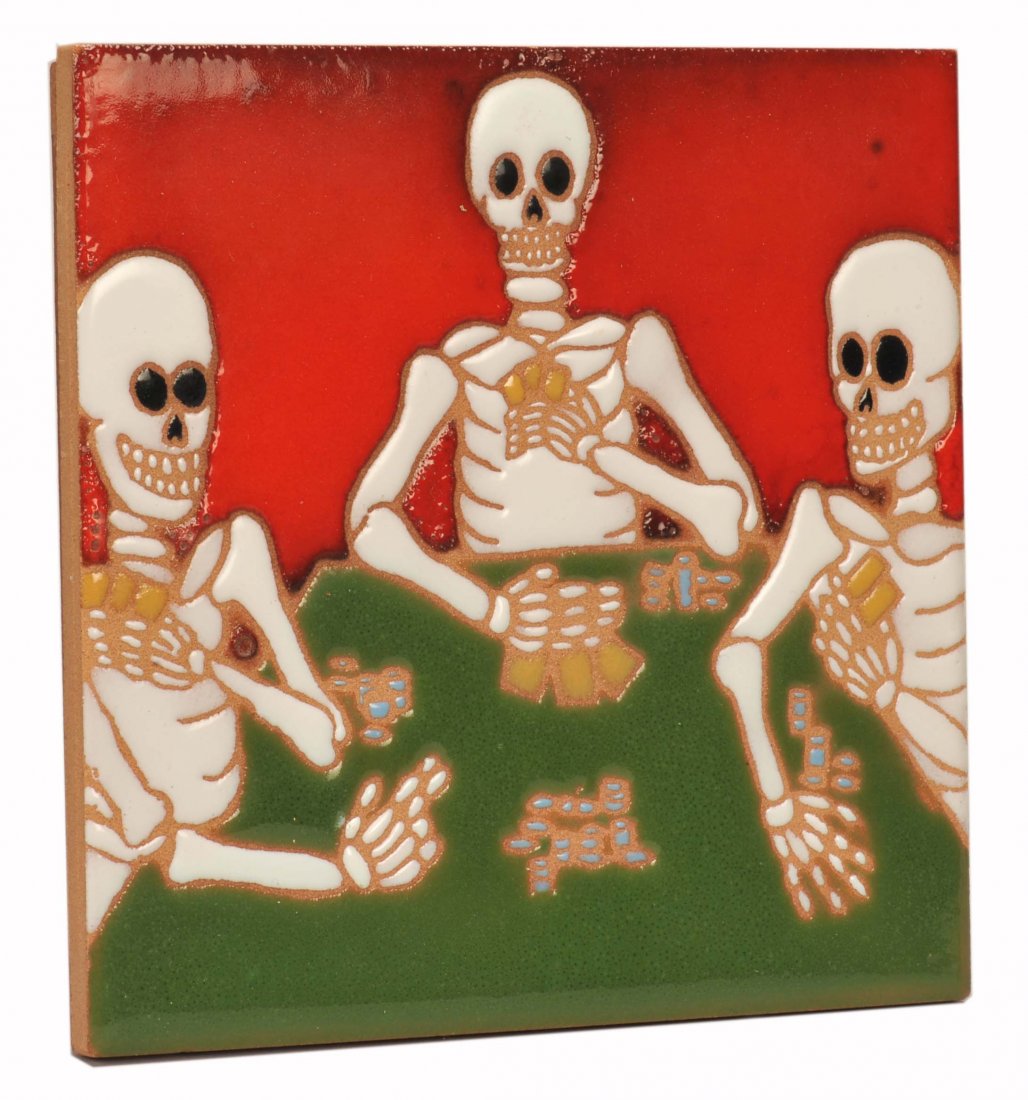 Day of the Dead Poker Playing Card Tile. Designed by: Day of the Dead Poker Playing Card Tile. Designed by Mark West, contemporary. Signed by artist on reverse, 6 x 6”, Mint.