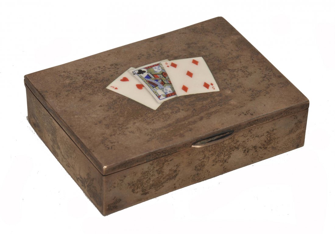 Sterling Silver Playing Card Box with Enamel Cards on: Sterling Silver Playing Card Box with Enamel Cards on Lid. Maker unknown, ca. 1900. Sterling mark difficult to read; date unclear. Enameled cards are English. NM. Many playing card boxes have a hole i