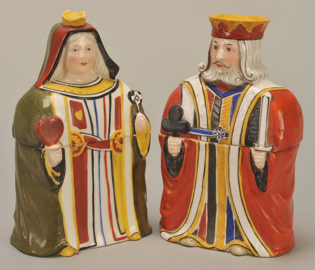 Pair of German King & Queen Porcelain Playing Card: Pair of German King & Queen Porcelain Playing Card Holders. Possibly Heubach, ca. 1900. 6”, tiny chip on base of King.