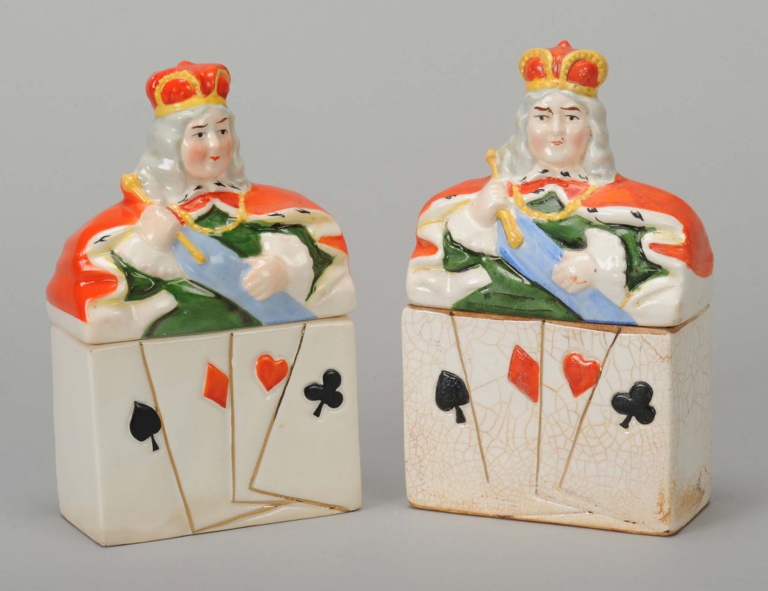 Pair of Kings Porcelain Playing Card Holders. Stamped: Pair of Kings Porcelain Playing Card Holders. Stamped “Germany” on the bottom, ca. 1930. One quite crazed.