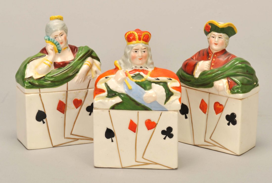 King, Queen & Jack Porcelain Playing Card Holders.: King, Queen & Jack Porcelain Playing Card Holders. Stamped “Germany” on the bottom, ca. 1930, Exc.
