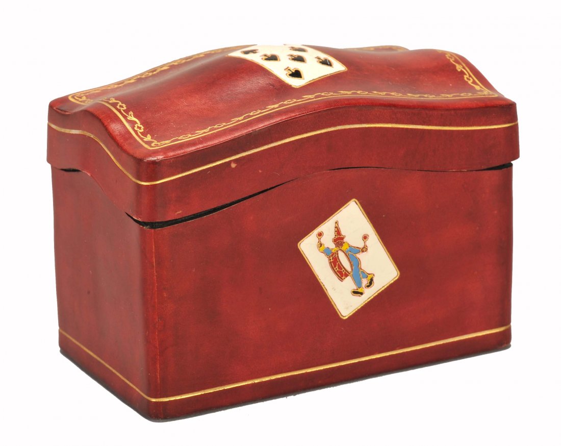 Italian Leather Playing Card Box. Ca. 1950. Three: Italian Leather Playing Card Box. Ca. 1950. Three embossed cards: 7S, JH, Joker. Exc.