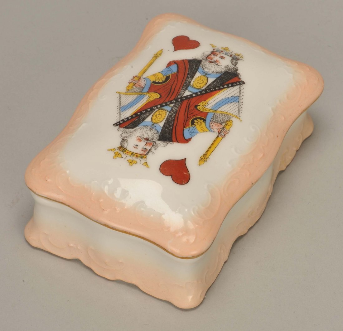 Austrian Porcelain Playing Card Box. Lewis Strauss &: Austrian Porcelain Playing Card Box. Lewis Strauss & Sons, ca. 1899. King of Hearts on lid. Exc.