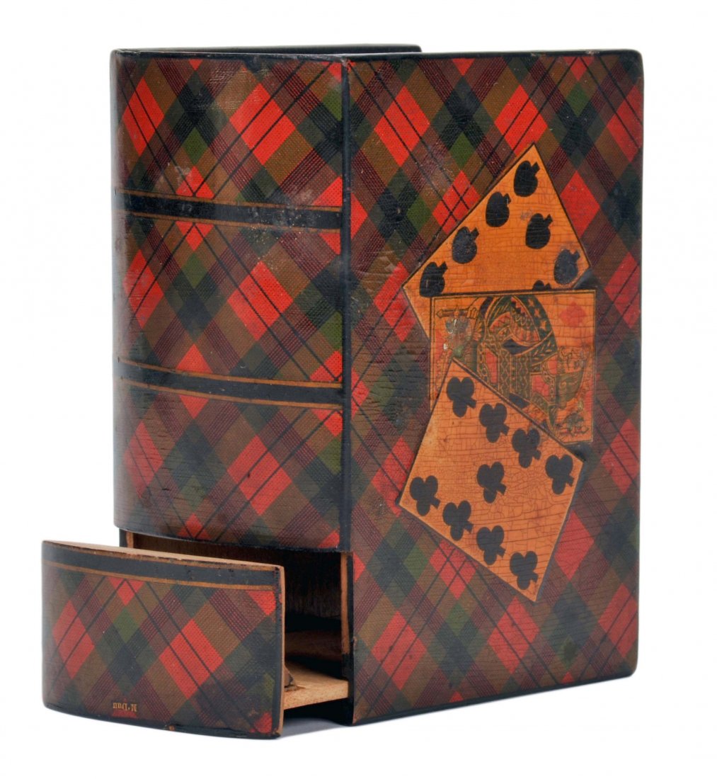 Tartan Lacquer Mauchline Playing Card Box in Book Form: Tartan Lacquer Mauchline Playing Card Box in Book Form with three playing cards. Ca. 1870. Holds two packs, crack on one end.