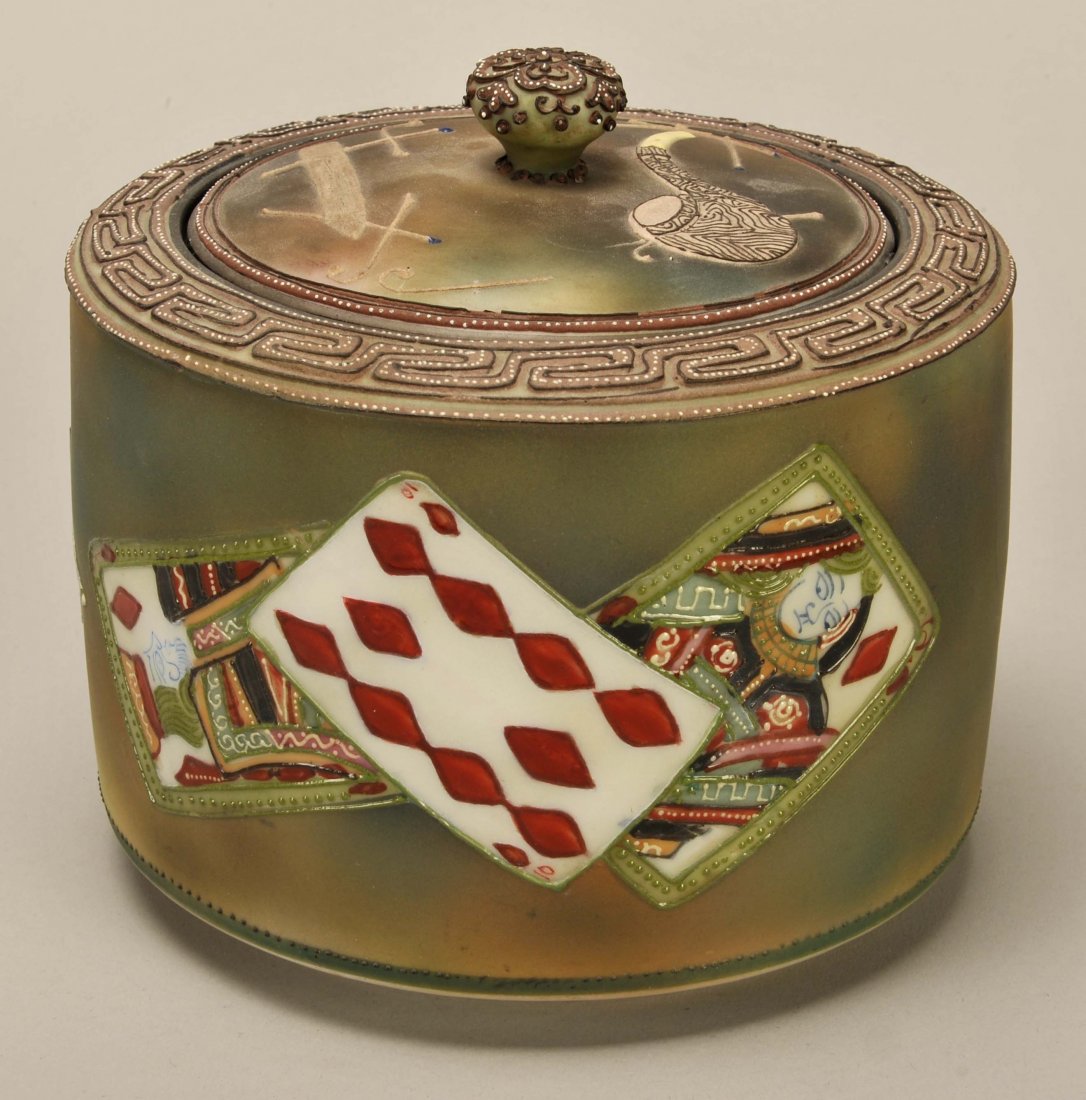 Nippon Porcelain Humidor with Hand Painted Playing: Nippon Porcelain Humidor with Hand Painted Playing Cards & Moriage Beading. Maple leaf mark, ca. 1920. 6 x 4 ¾”, Exc.