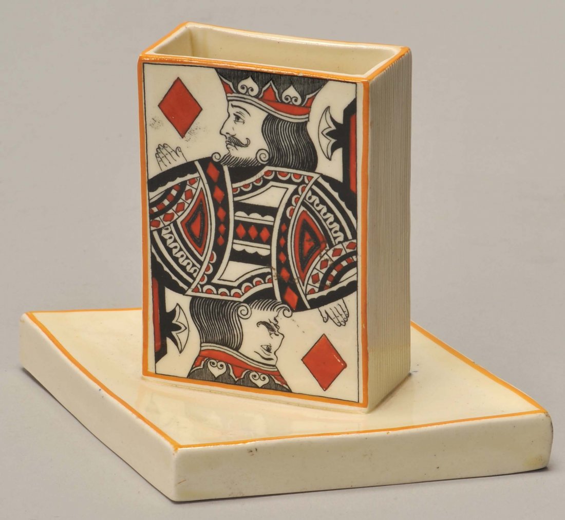 Wedgwood Match Holder & Striker. England, ca. 1910.: Wedgwood Match Holder & Striker. England, ca. 1910. With King of Diamonds playing card. 4”, Exc.