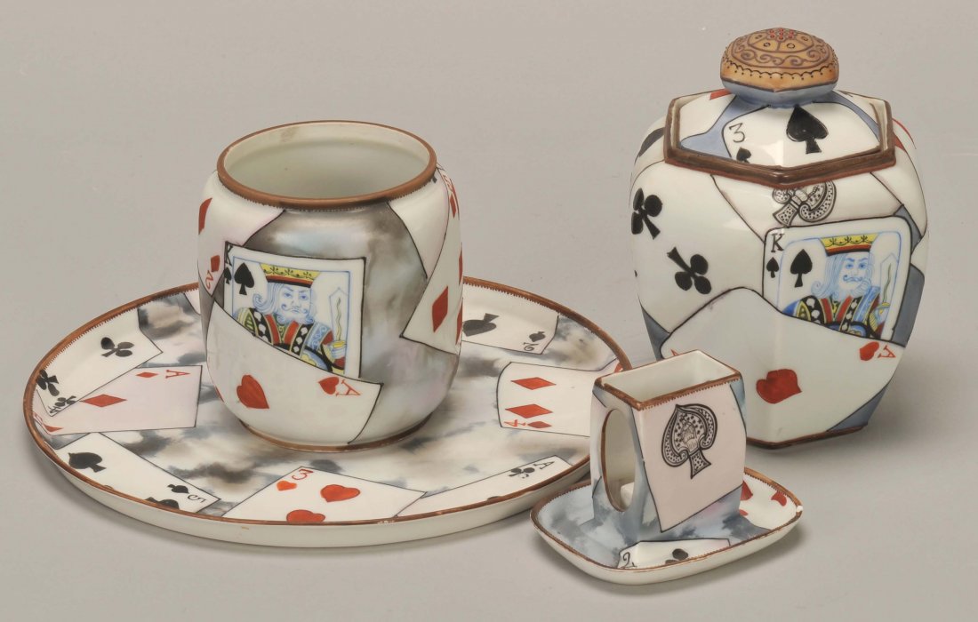 Three-Piece Hand Painted Porcelain Nippon Ware Smoking: Three-Piece Hand Painted Porcelain Nippon Ware Smoking Set. Japan, ca. 1920. Including a tobacco humidor with lid on tray; Match box holder; and a cigar jar; all Exc.