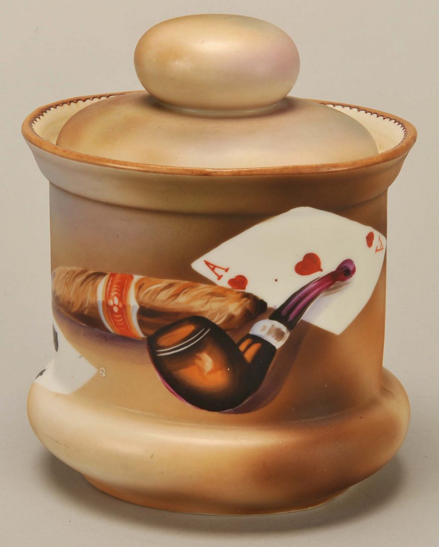 Nippon Hand Painted Porcelain Humidor with Playing: Nippon Hand Painted Porcelain Humidor with Playing Cards, Pipe & Cigar. Noritake, ca. 1915. 6 x 5”, Exc.