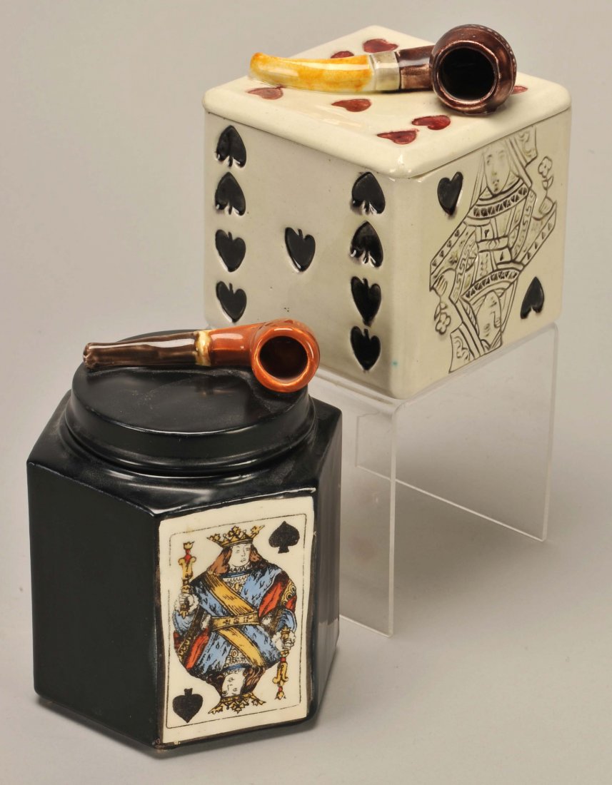 Two Porcelain Humidors with Playing Cards & Pipe on: Two Porcelain Humidors with Playing Cards & Pipe on Lid. Ca. 1920, Exc.