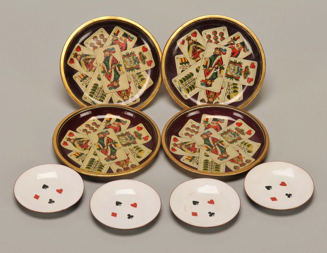 Four Lithographed Tip Trays with German Playing Cards.: Four Lithographed Tip Trays with German Playing Cards. Ca. 1920, Exc.; Together with a set of four Ashtrays Enameled over Copper with suit symbols. Exc.