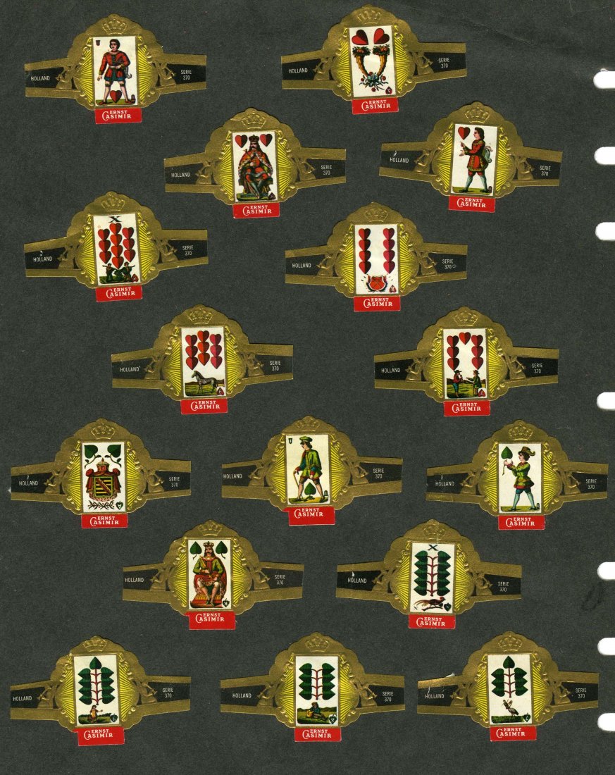 Seven Sets of Cigar Bands with Playing Cards. (1) Ernst: Seven Sets of Cigar Bands with Playing Cards. (1) Ernst Casimir #370 series of 32 Speelkaarten, Holland, n.d., Exc (mounted with stamp hinge). (2) Ernst Casimir #332 series of 32 Speelkaarten, n.d., E
