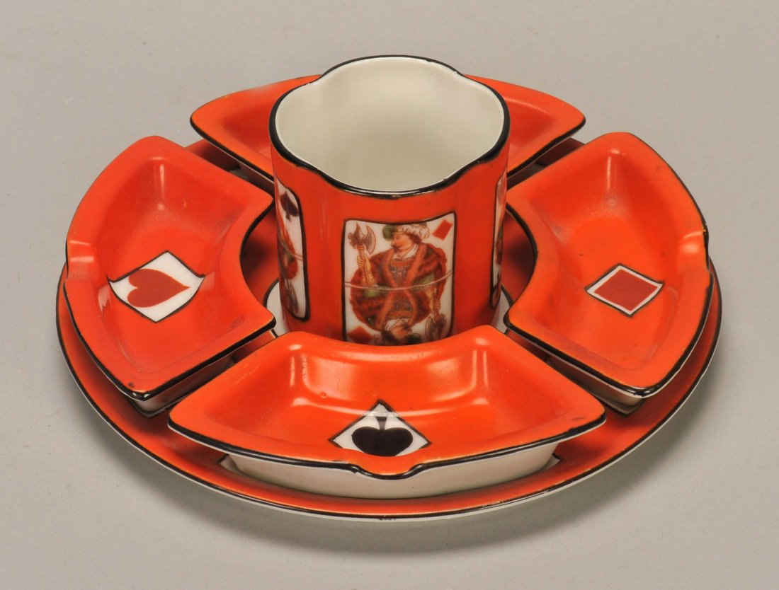 Six-piece Smoking Set with Playing Cards. Germany,: Six-piece Smoking Set with Playing Cards. Germany, Musterschutz, ca. 1920. Four ashtrays, 1 Cigarette Holder, 1 tray, Exc.