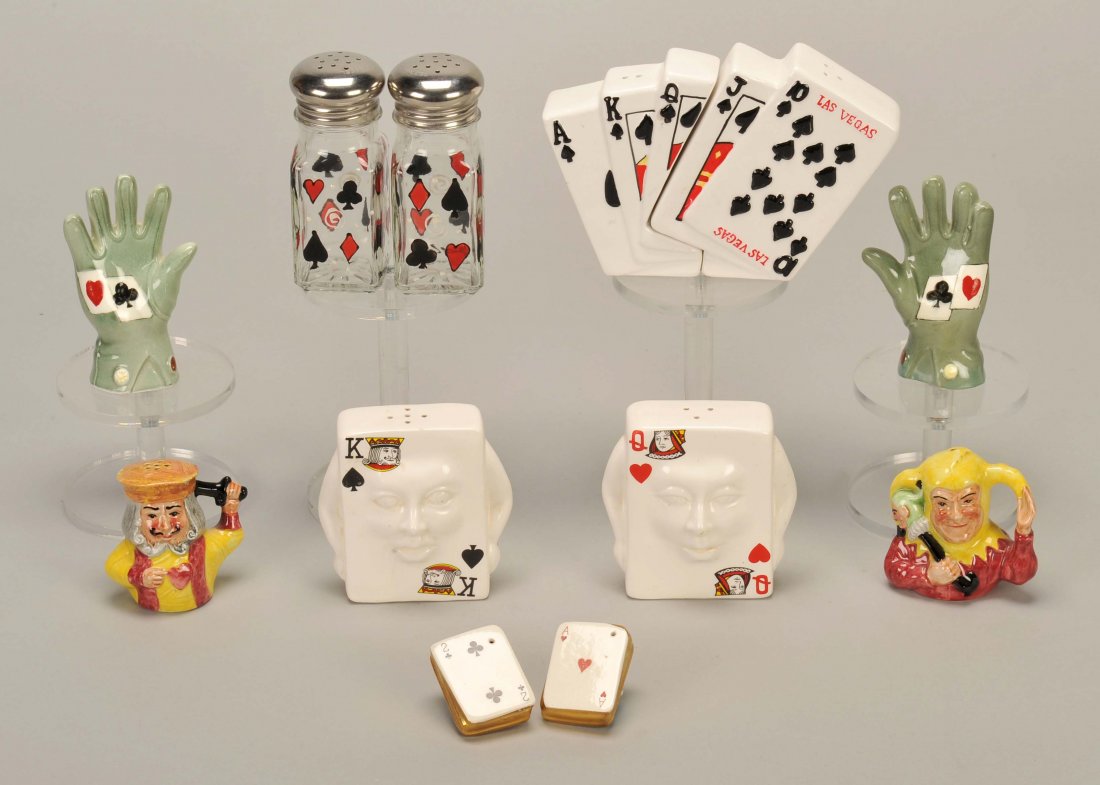 Six Pr. Salt & Peppers with Playing Cards. Glass and: Six Pr. Salt & Peppers with Playing Cards. Glass and porcelain; designs vary.
