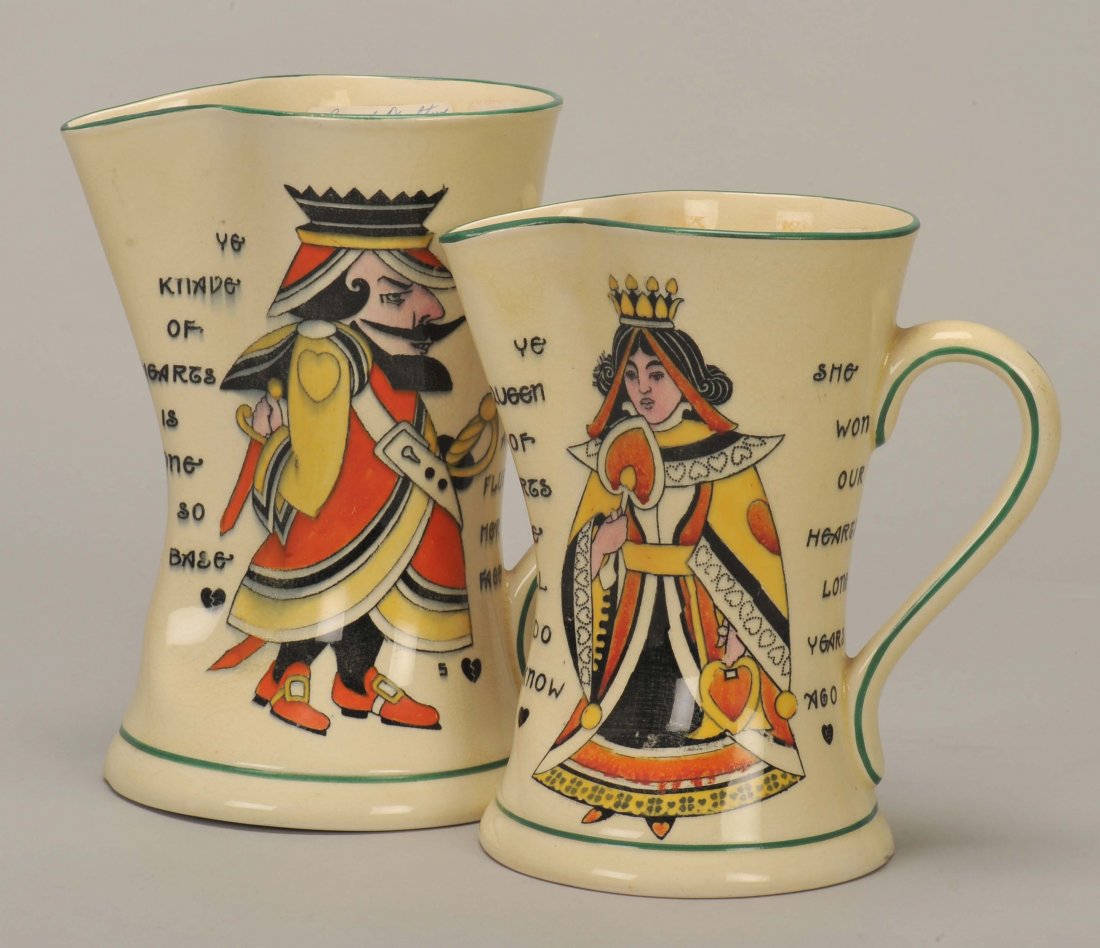 Pair Royal Doulton Pitchers with Playing Cards.: Pair Royal Doulton Pitchers with Playing Cards. England, ca. 1909. 1) “Ye Knave of hearts is one so base, he’ll shock a maid and flush her face”, 7 ¾”, Exc. 2) “Ye Queen of hearts we all do