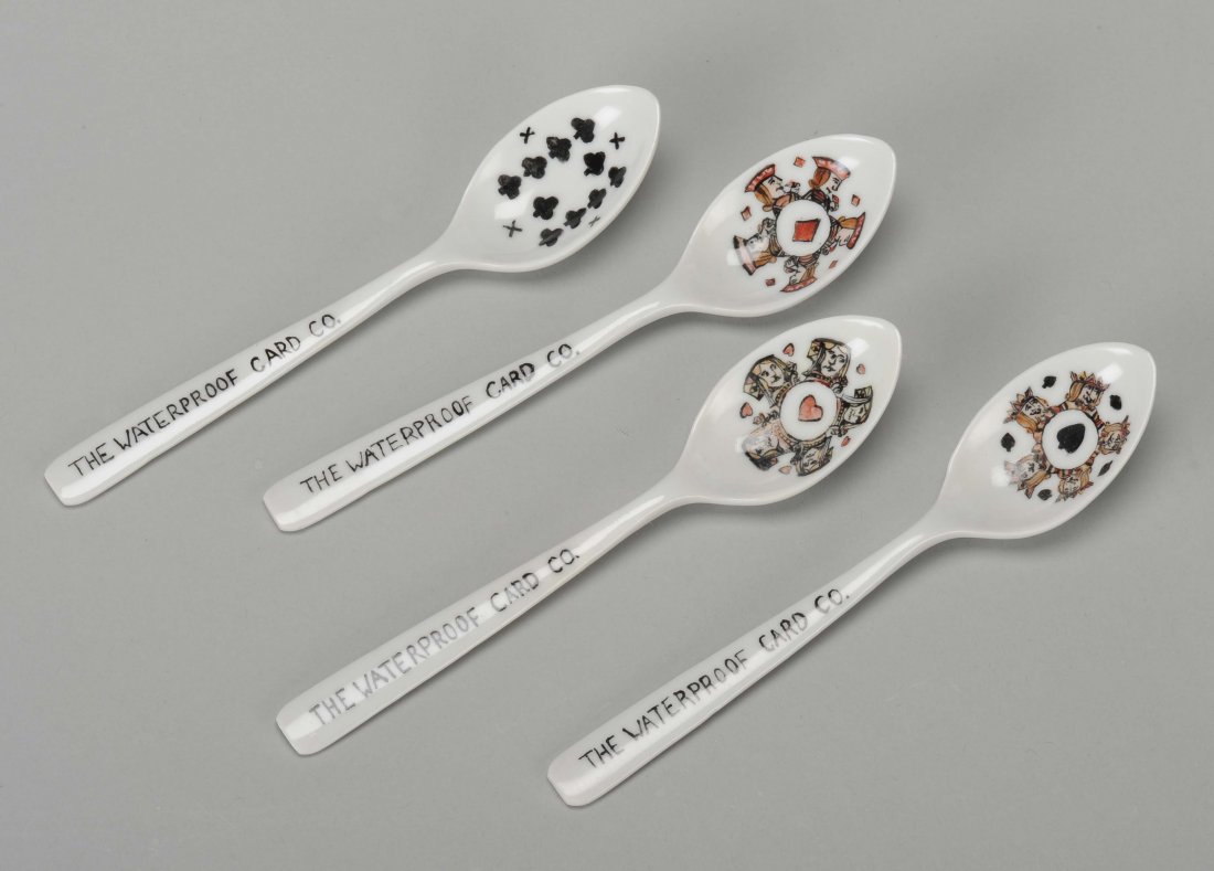 Set of (4) Fine Porcelain Playing Card Advertising: Set of (4) Fine Porcelain Playing Card Advertising Spoons. “The Waterproof Card Co.”, ca. 1878. Company name on the handle, bowls with KS, QH, JD and 10C hand painted. No other examples known. 7��