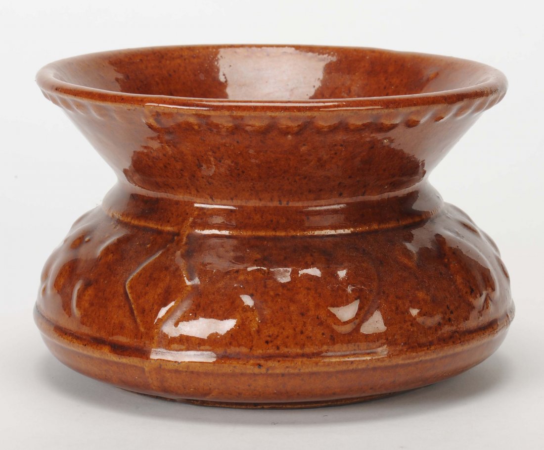 Spittoon, Bennington Brown Pottery. Date unknown.: Spittoon, Bennington Brown Pottery. Date unknown. Clubs, Diamonds, Hearts & Spades around bowl. NM.