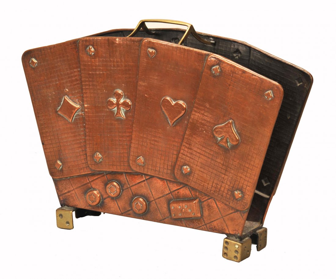 Hammered Arts & Crafts Copper Magazine Rack. Appears: Hammered Arts & Crafts Copper Magazine Rack. Appears Handmade. No Marks. Playing cards design, brass dice feet. Rare. 16 x 11”, NM.