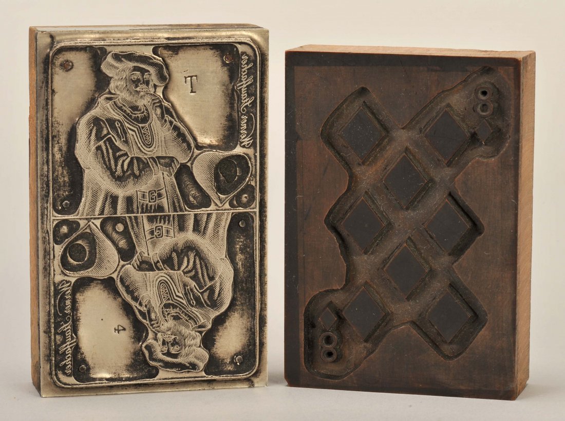 Two Printing Blocks for Playing Cards. The first a wood: Two Printing Blocks for Playing Cards. The first a wood Block 8D, ca. 1900, Exc; the second steel on wood block, Swiss, ca. 1900 with the name Werner Stauffacher. Stauffacher was the supposed the nam