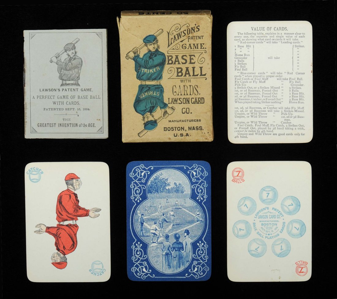 Lawson’s Patent Baseball Playing Cards. Lawson Card: Lawson’s Patent Baseball Playing Cards. Lawson Card Co., Boston, MA., 1884. 36 (Complete) + 3 Value Cards + two rule pamphlets + OB, Exc. The earliest known baseball card game.