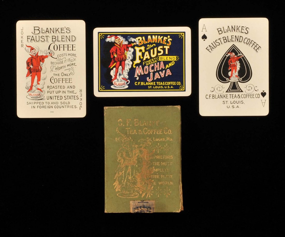 C.F. Blanke Tea & Coffee Co. St. Louis, MO, ca. 1900.: C.F. Blanke Tea & Coffee Co. St. Louis, MO, ca. 1900. USPC. 52 + J + OB, NM. Sparkling gold edges & great Faustian joker.