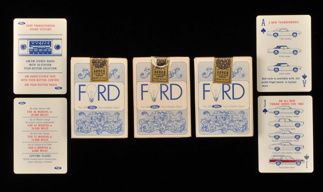 Three Ford decks, “For 68 Ford Has a Better Idea”: Three Ford decks, “For 68 Ford Has a Better Idea” Advertising Playing Cards. Arrco Playing Card Co., Chicago, 1968. 1) 52 + 2J + OB, NM 2) MIB - Every card lists a Ford feature including 3 1968 T-