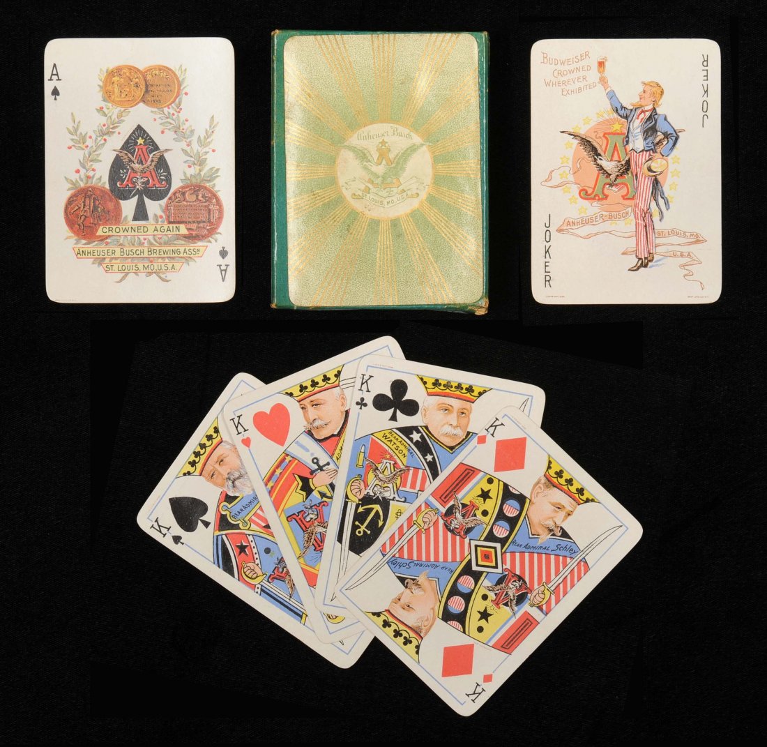 Anheuser-Busch Spanish American War Deck. Gray: Anheuser-Busch Spanish American War Deck. Gray Lithographing Co., ca. 1898. 52 + J + OB, NM. Two American officers on each Jack, one on the Kings, Queens are “Our Colonies,” Colonel Teddy Roosevel