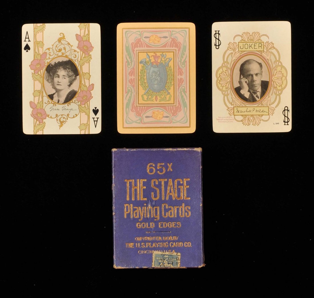 The Stage Playing Cards 65X. USPC, ca. 1908. 52 + J +: The Stage Playing Cards 65X. USPC, ca. 1908. 52 + J + EC + OB, NM. Every card has a different stage actor or actress of the period. Gilt edges. Hoch. SE5.