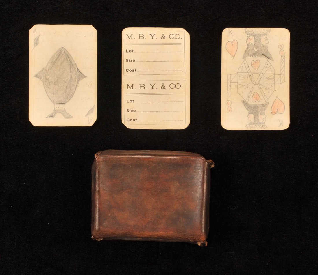 Hand Drawn Deck of Cards. Artist unknown, ca. 1900. 52: Hand Drawn Deck of Cards. Artist unknown, ca. 1900. 52 + Leather Case, VG. Fashioned from inventory cards from M.B.Y and Co. (still visible as backs); likely hand drawn in prison. The artwork is quite