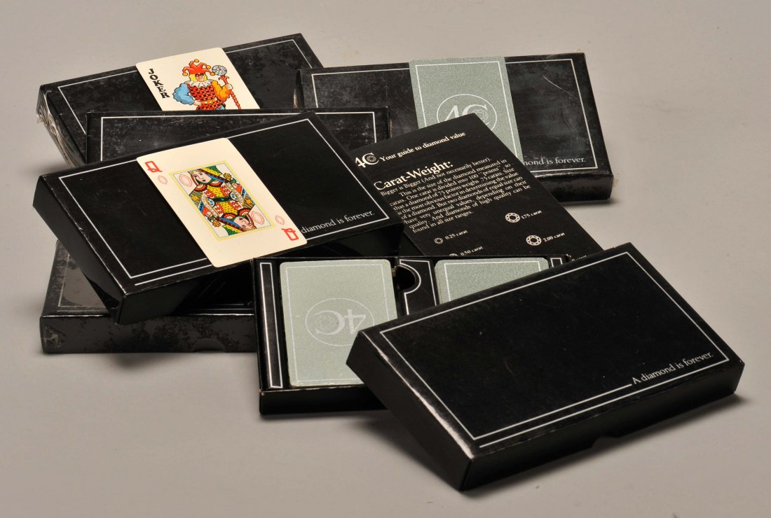 Six Double Decks 4C Diamond Playing Cards. De Beers.: Six Double Decks 4C Diamond Playing Cards. De Beers. Sao Paulo, Brazil, ca. 1990. (1) 52 + 2J + EC + Bklt + OB, NM. (4) MIB. Booklet titled, Your Guide to Diamond Value.