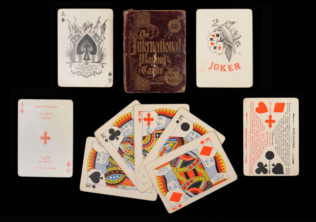 Hiram Jones “The International Playing Cards”, 6 Suits.: Hiram Jones “The International Playing Cards”, 6 Suits. Ca. 1895. 76 + J + EC + OB (top & bottom flaps missing), Exc. Hoch.NS16.