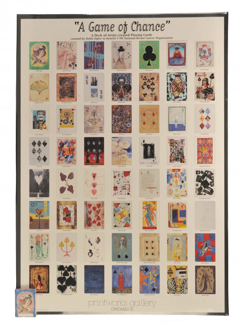 Y-ME Poster and A Limited Edition Deck of Playing: Y-ME Poster and A Limited Edition Deck of Playing Cards. 1997. Deck of cards (No. 292 of 1000) titled “A Game of Chance.” 54 cards, mint sealed. Poster pictures all cards in the deck. Each card wa