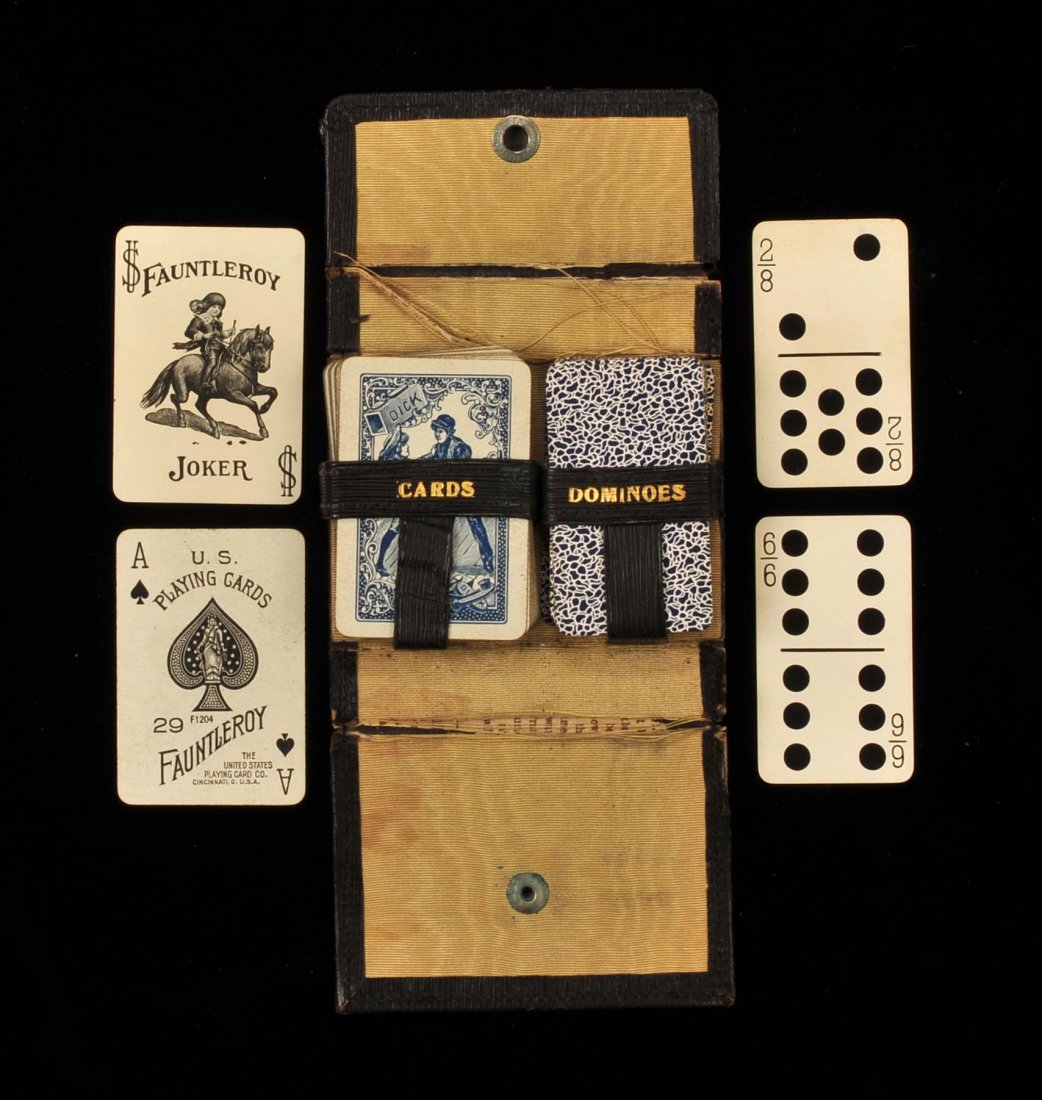 Fauntleroy #29 & Dominoes Deck. USPC, ca. 1925.: Fauntleroy #29 & Dominoes Deck. USPC, ca. 1925. Fauntleroy deck 52 + J, VG. Dominoe Deck 56, NM. Both decks come in a leather carrying case. Hoch. US38b.