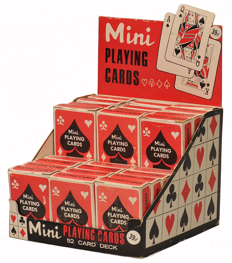 24 Decks of “Mini” Playing Cards in Original Display: 24 Decks of “Mini” Playing Cards in Original Display Box. Ca. 1950. All decks 52 + J + OB. Unusual yellow Joker, NM.