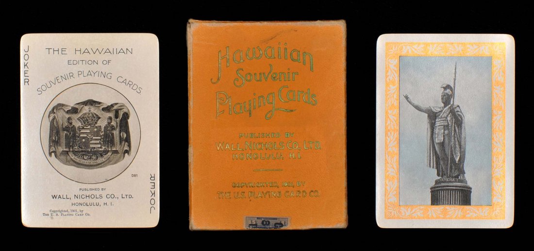 Hawaiian Souvenir Playing Cards. USPC, 1901. 52 + J +: Hawaiian Souvenir Playing Cards. USPC, 1901. 52 + J + OB, NM. Gold edges. Hoch. S28.